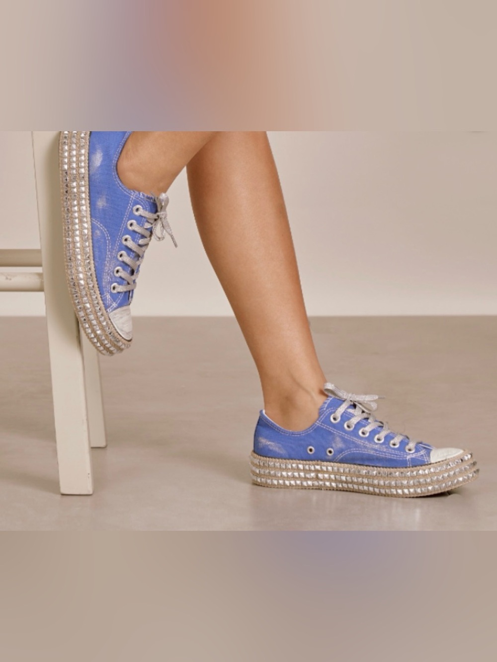 Blue Platform Studded Lace-Up Sneakers Size 10